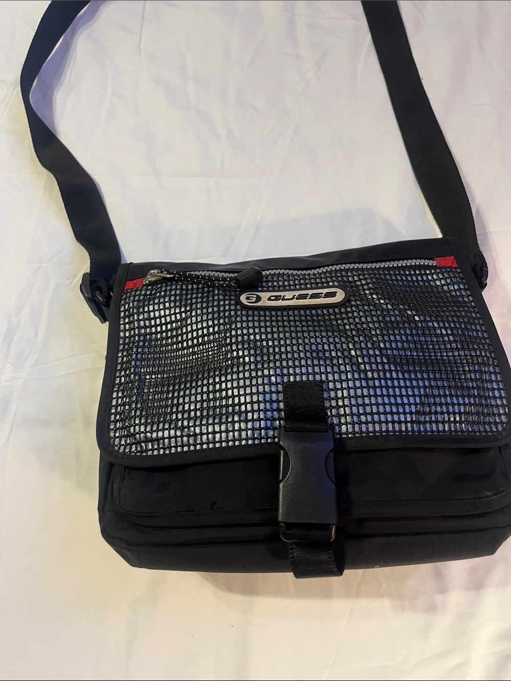 GUESS Black Mesh-Accent Men's Messenger Bag with Red Trim